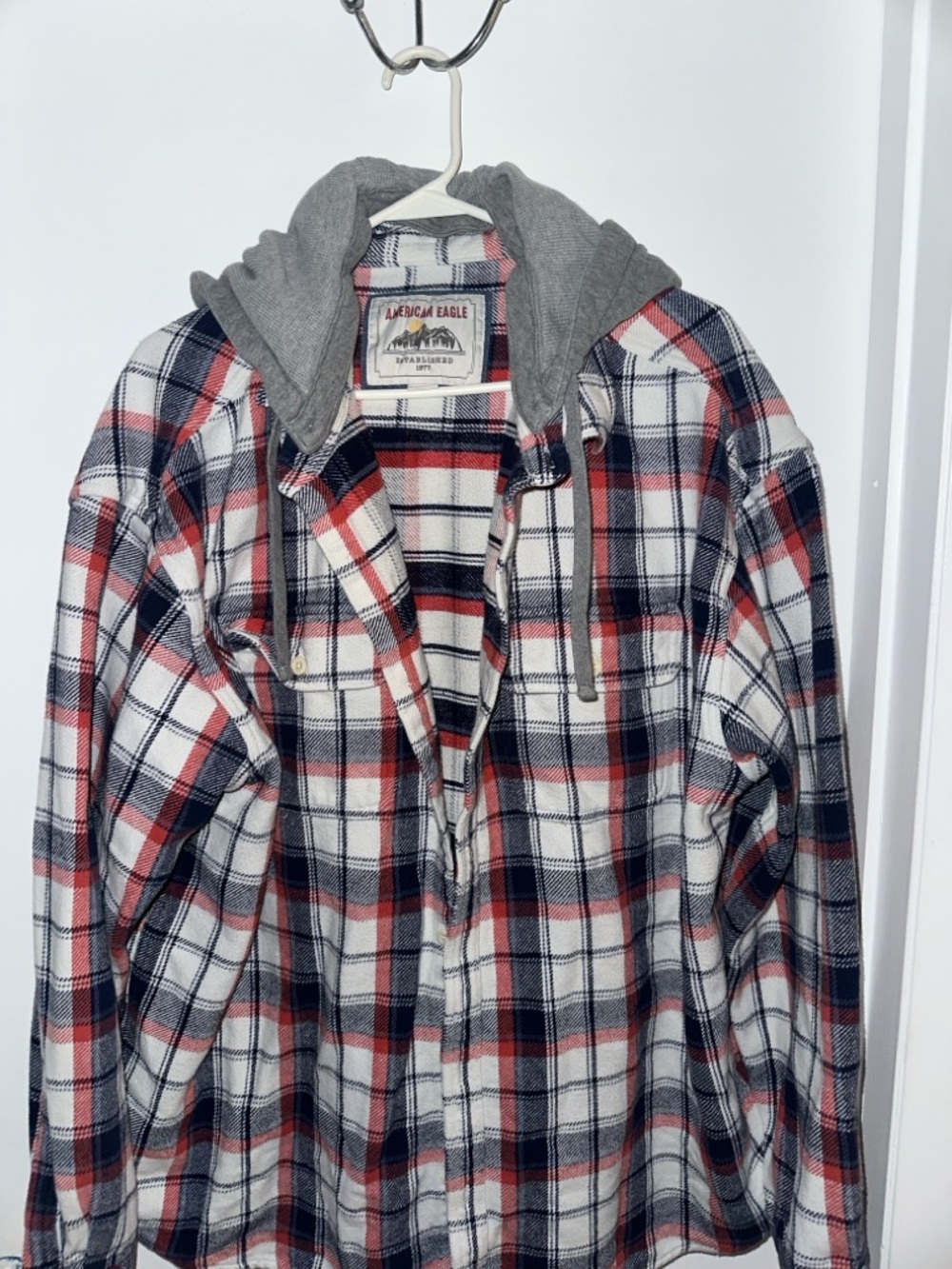 American Eagle Plaid Hooded Flannel - Red, Navy & Gray